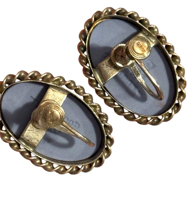 Vintage  Wedgewood Blue angel sterling Rainbow Cameo Earrings with twisted trim