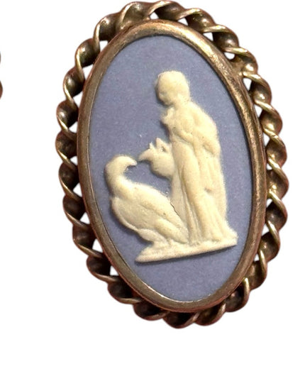 Vintage  Wedgewood Blue angel sterling Rainbow Cameo Earrings with twisted trim