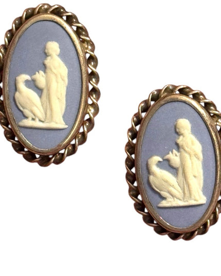 Vintage  Wedgewood Blue angel sterling Rainbow Cameo Earrings with twisted trim