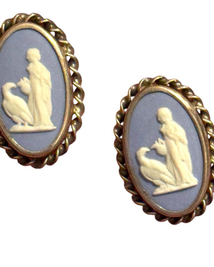 Vintage  Wedgewood Blue angel sterling Rainbow Cameo Earrings with twisted trim