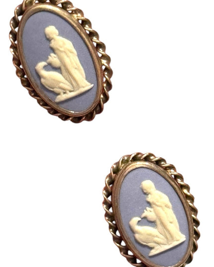 Vintage  Wedgewood Blue angel sterling Rainbow Cameo Earrings with twisted trim