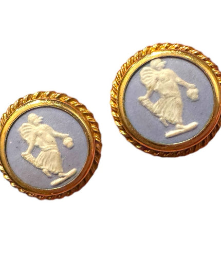Vintage  Wedgewood Blue angel sterling Rainbow Cameo Earrings twisted trim