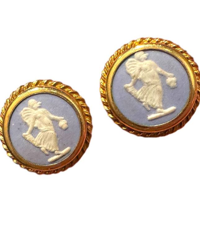 Vintage  Wedgewood Blue angel sterling Rainbow Cameo Earrings twisted trim