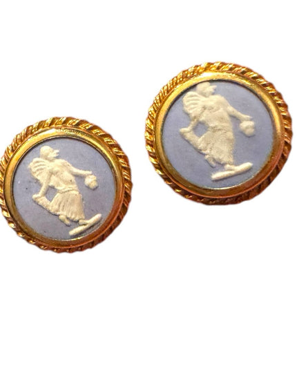 Vintage  Wedgewood Blue angel sterling Rainbow Cameo Earrings twisted trim