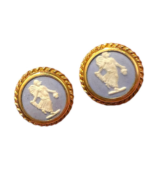 Vintage  Wedgewood Blue angel sterling Rainbow Cameo Earrings twisted trim