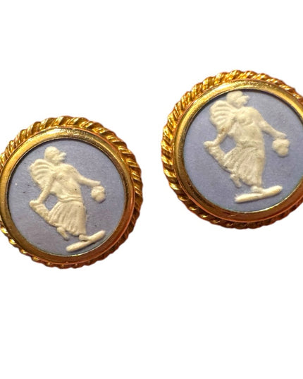 Vintage  Wedgewood Blue angel sterling Rainbow Cameo Earrings twisted trim
