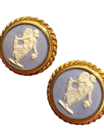 Vintage  Wedgewood Blue angel sterling Rainbow Cameo Earrings twisted trim