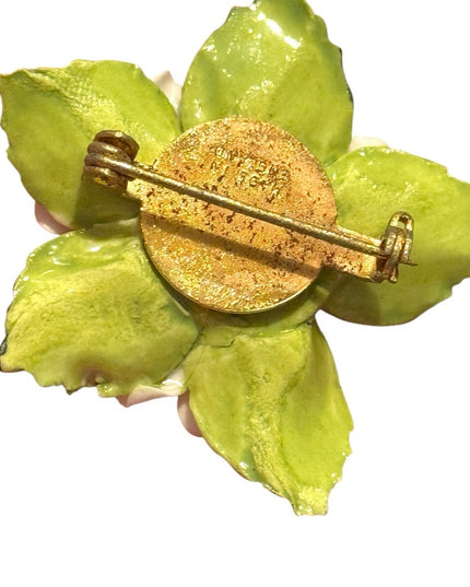 Vintage England Floral Ceramic Brooch with White and Yellow Flowers