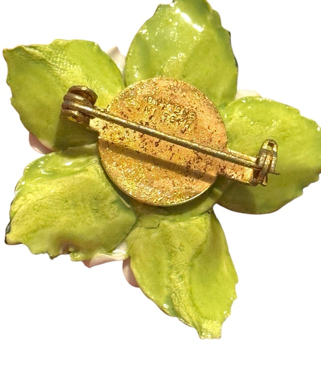 Vintage England Floral Ceramic Brooch with White and Yellow Flowers