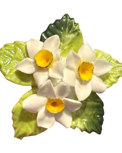 Vintage England Floral Ceramic Brooch with White and Yellow Flowers