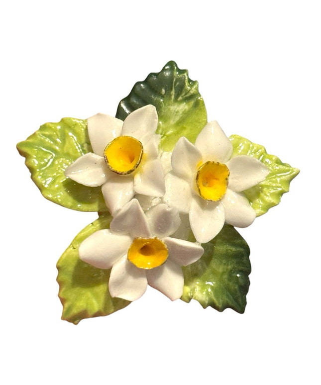 Vintage England Floral Ceramic Brooch with White and Yellow Flowers