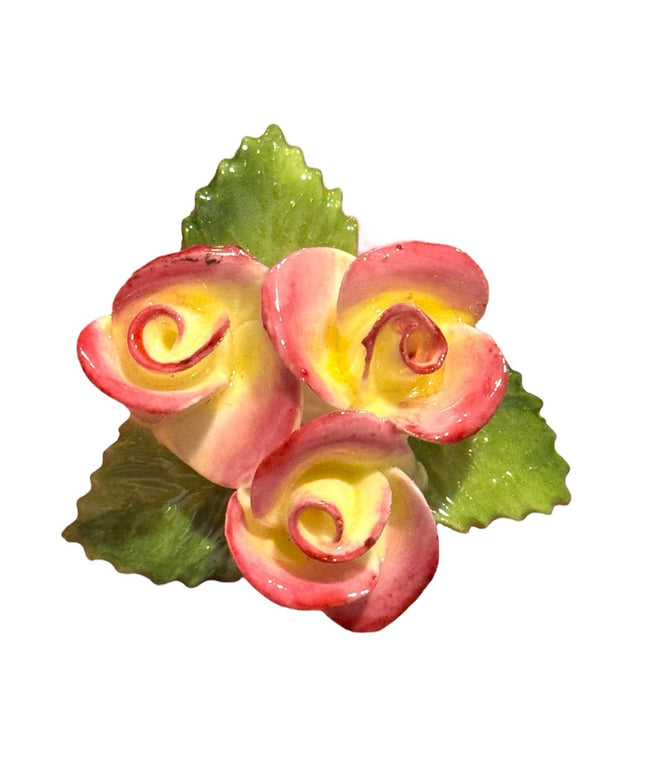 Vintage Ceramic Rose Brooch - Pink and Yellow England Floral