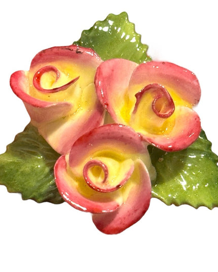 Vintage Ceramic Rose Brooch - Pink and Yellow England Floral
