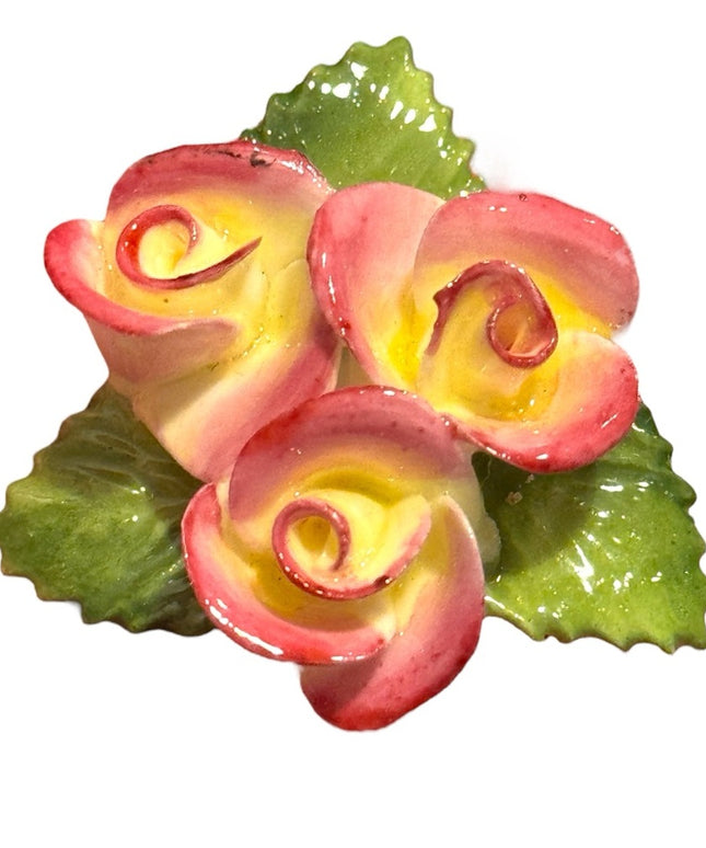 Vintage Ceramic Rose Brooch - Pink and Yellow England Floral