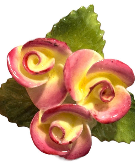 Vintage Ceramic Rose Brooch - Pink and Yellow England Floral