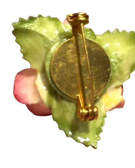 Vintage Ceramic Rose Brooch - Pink and Yellow England Floral