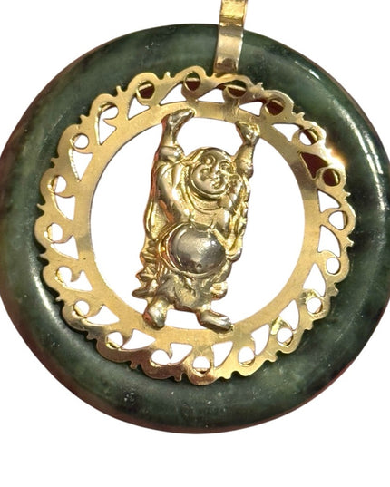 Vintage Jadite round Gold finish filagree Buddha Pendant