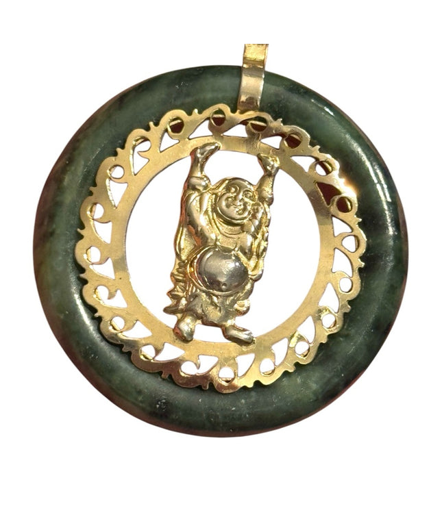 Vintage Jadite round Gold finish filagree Buddha Pendant