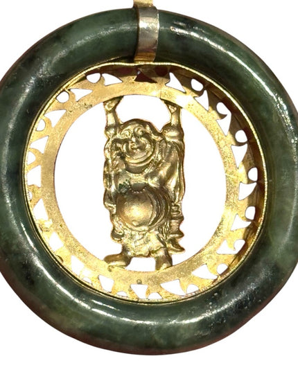Vintage Jadite round Gold finish filagree Buddha Pendant
