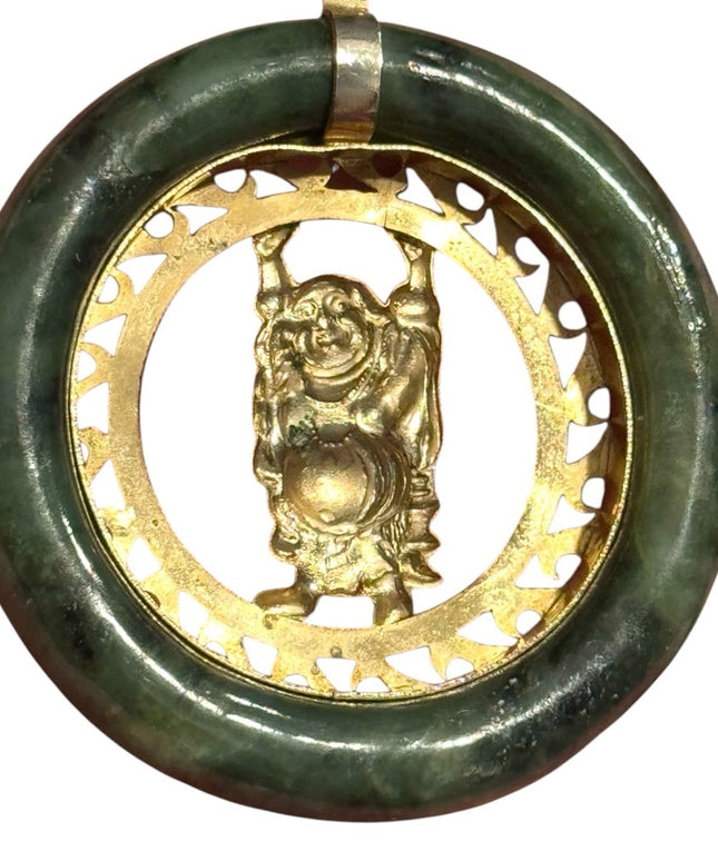 Vintage Jadite round Gold finish filagree Buddha Pendant