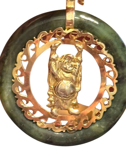 Vintage Jadite round Gold finish filagree Buddha Pendant