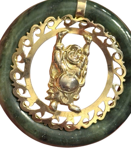 Vintage Jadite round Gold finish filagree Buddha Pendant