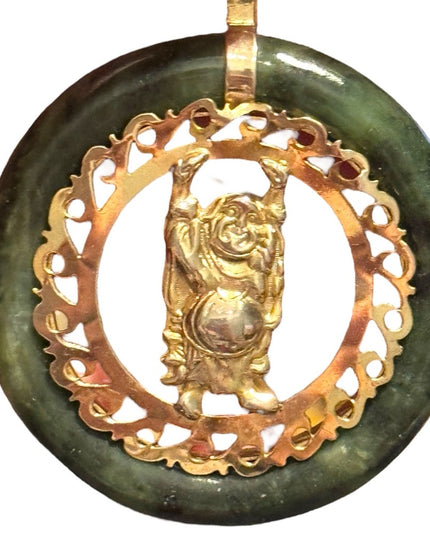 Vintage Jadite round Gold finish filagree Buddha Pendant