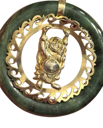 Vintage Jadite round Gold finish filagree Buddha Pendant