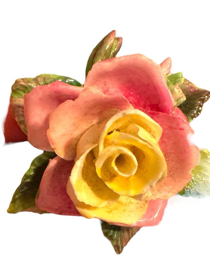 Vintage Ceramic Rose Brooch - Pink and Yellow