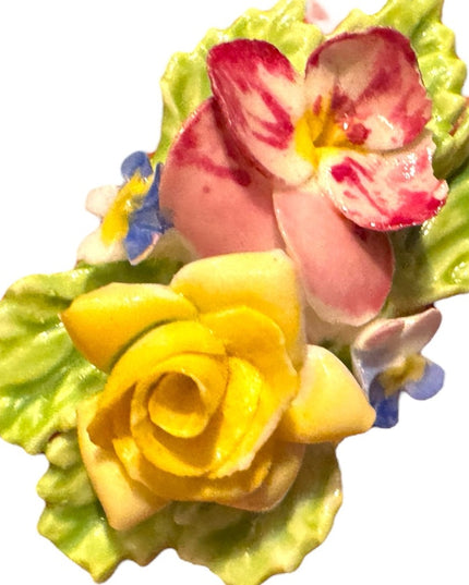 Floral Ceramic Brooch with Pink and Yellow Flowers
