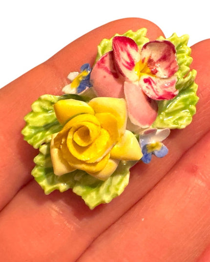 Floral Ceramic Brooch with Pink and Yellow Flowers