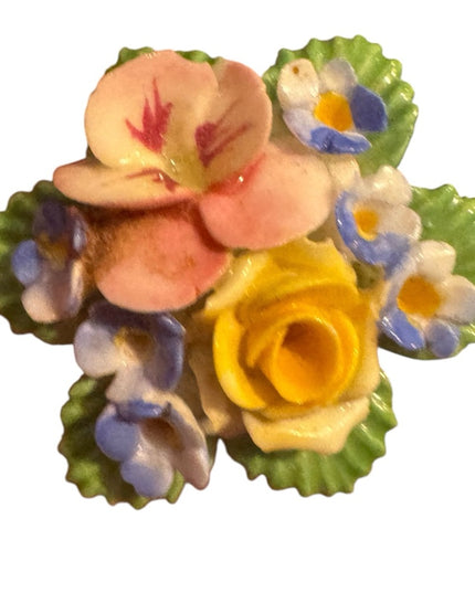 Vintage Floral Ceramic Brooch with Pink, Yellow, and Blue Flowers