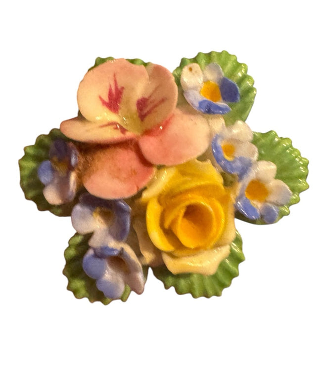 Vintage Floral Ceramic Brooch with Pink, Yellow, and Blue Flowers