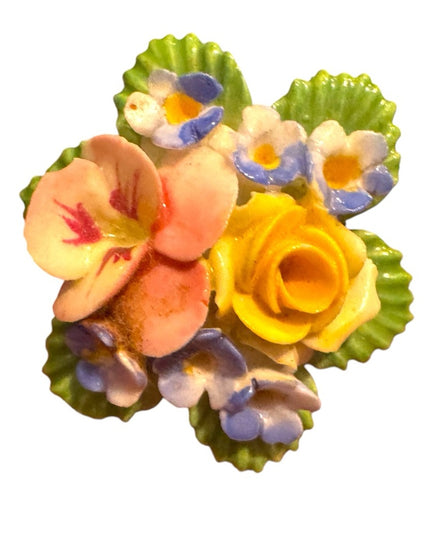 Vintage Floral Ceramic Brooch with Pink, Yellow, and Blue Flowers
