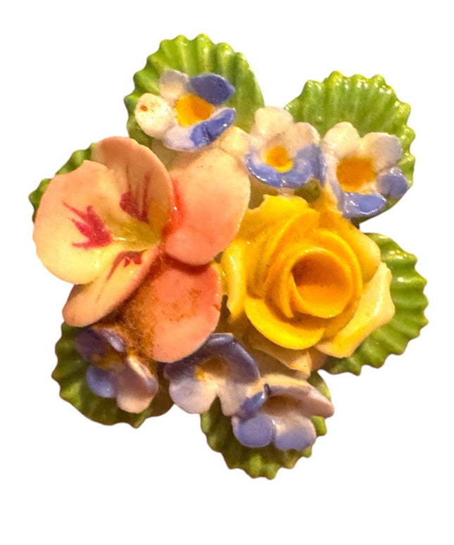 Vintage Floral Ceramic Brooch with Pink, Yellow, and Blue Flowers