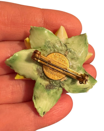 Vintage Ceramic Flower Brooch - Yellow and Red