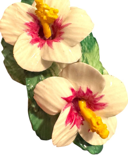 Vintage Hibiscus Floral Ceramic Brooch with White and Pink Flowers