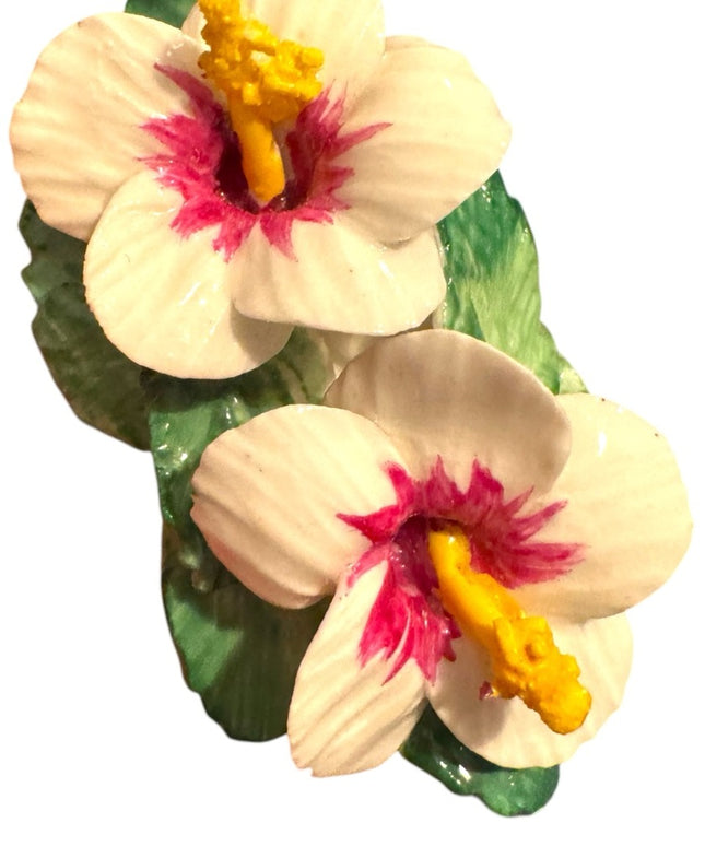 Vintage Hibiscus Floral Ceramic Brooch with White and Pink Flowers