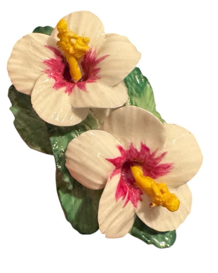 Vintage Hibiscus Floral Ceramic Brooch with White and Pink Flowers