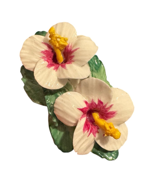 Vintage Hibiscus Floral Ceramic Brooch with White and Pink Flowers