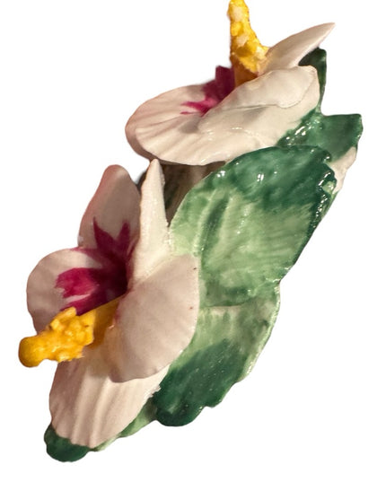 Vintage Hibiscus Floral Ceramic Brooch with White and Pink Flowers