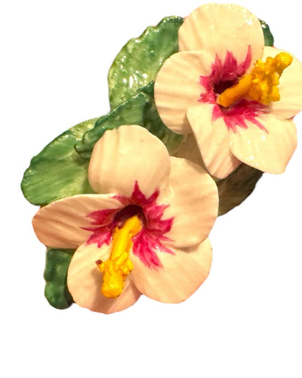 Vintage Hibiscus Floral Ceramic Brooch with White and Pink Flowers