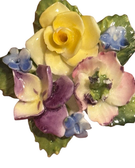 Floral Vintage Ceramic Brooch with Yellow and Purple Flowers