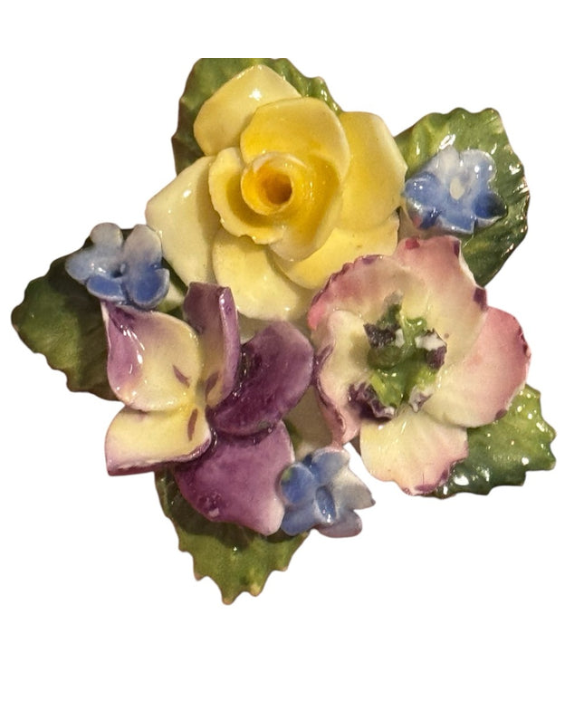 Floral Vintage Ceramic Brooch with Yellow and Purple Flowers