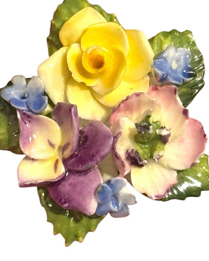 Floral Vintage Ceramic Brooch with Yellow and Purple Flowers