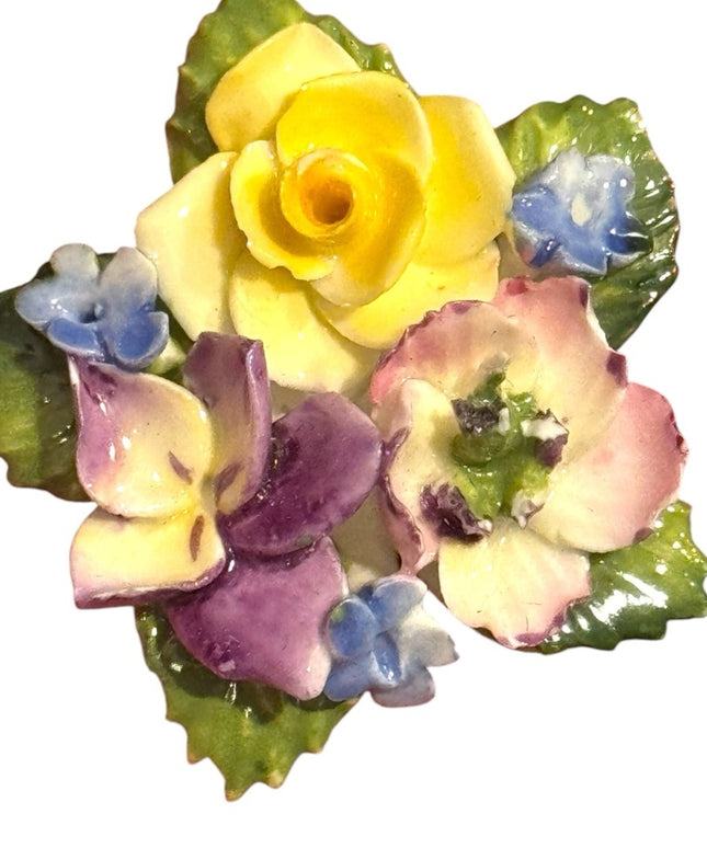 Floral Vintage Ceramic Brooch with Yellow and Purple Flowers