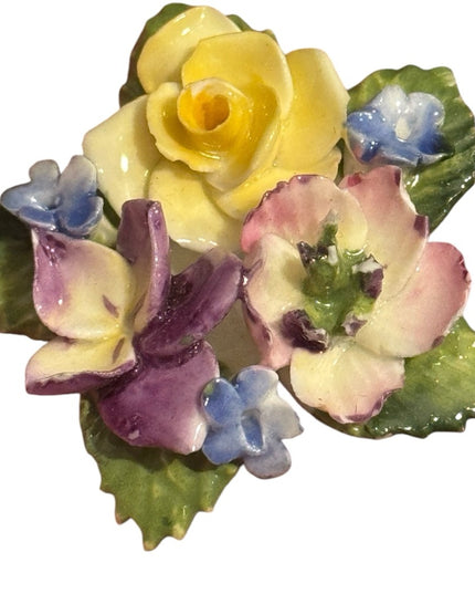 Floral Vintage Ceramic Brooch with Yellow and Purple Flowers