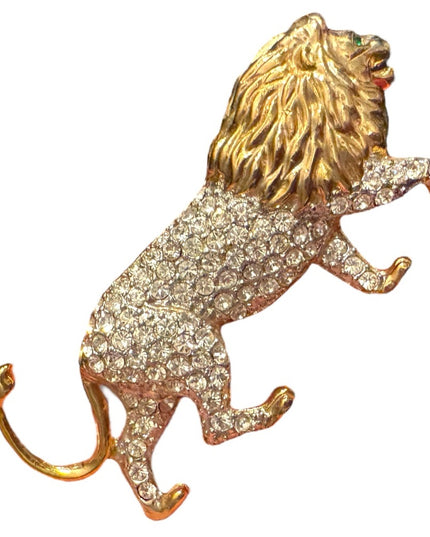 Vintage large rhinestone crystal Gold and Silver textured  Lion Brooch