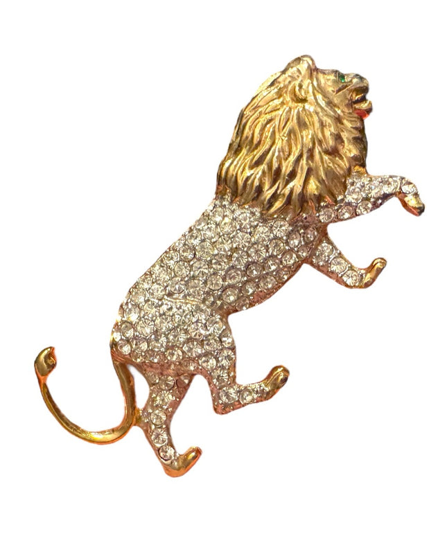 Vintage large rhinestone crystal Gold and Silver textured  Lion Brooch