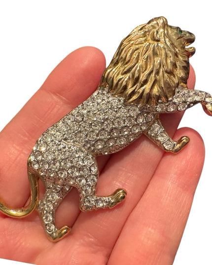 Vintage large rhinestone crystal Gold and Silver textured  Lion Brooch